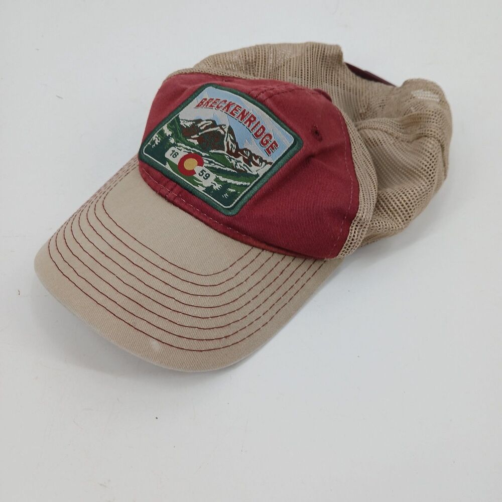 Vintage Two Tone Tan Red Mountain Embroidered Breckenridge Colorado Hat Cap